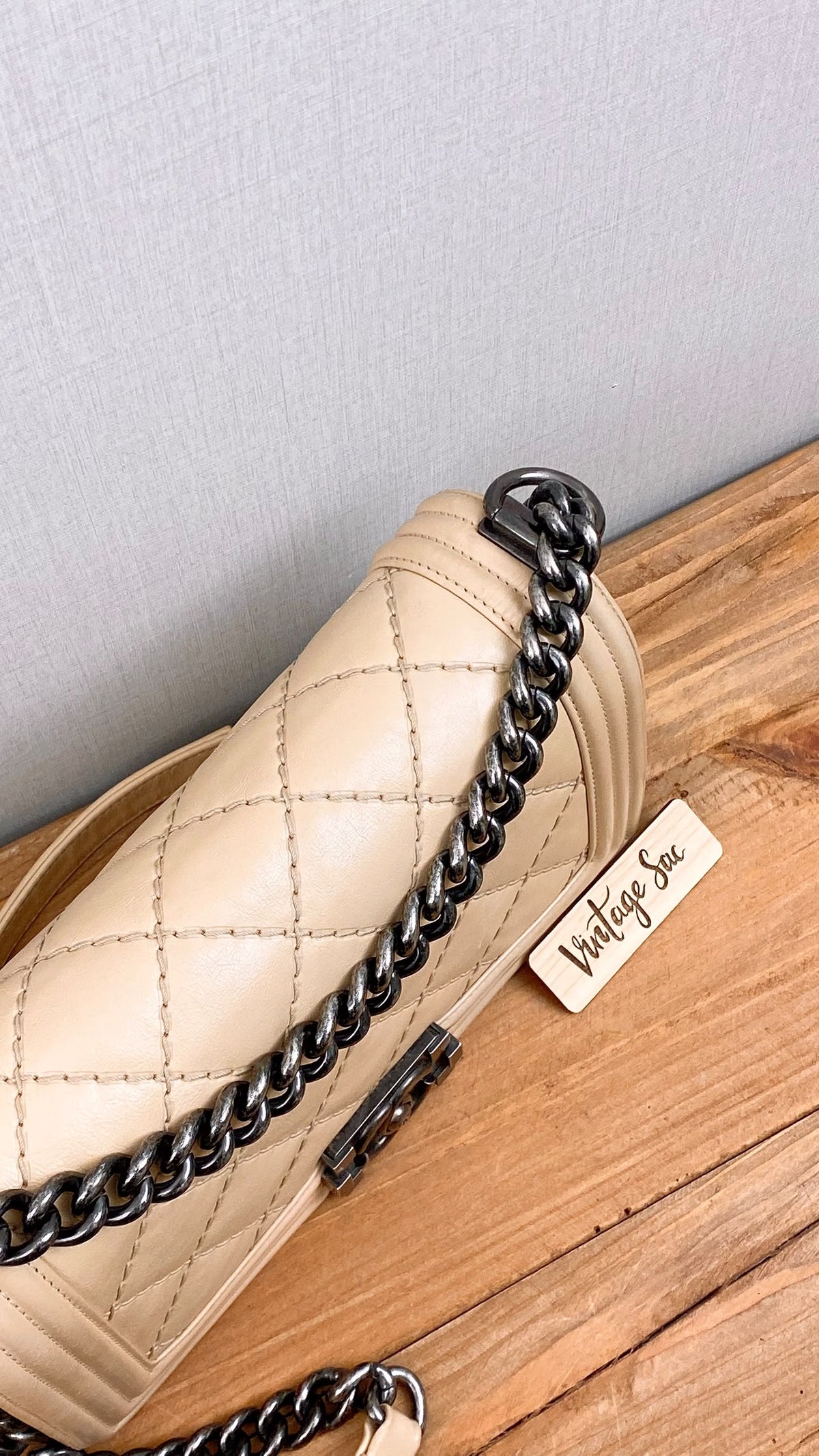 Chanel Beige Calfskin Wildstitch Old Medium Boy