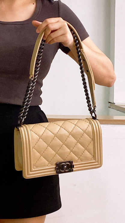 Chanel Beige Calfskin Wildstitch Old Medium Boy
