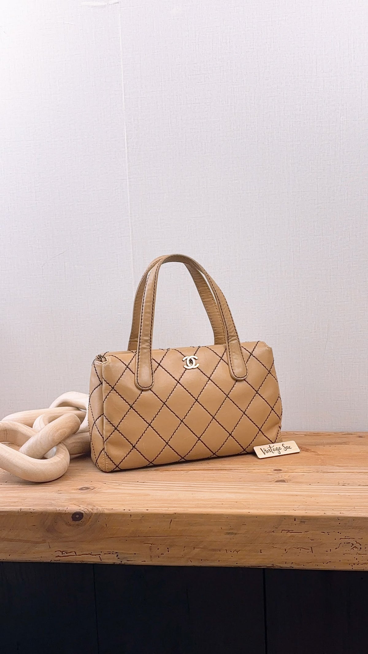 Chanel Beige Calfskin Wild Stitch Bowler Bag