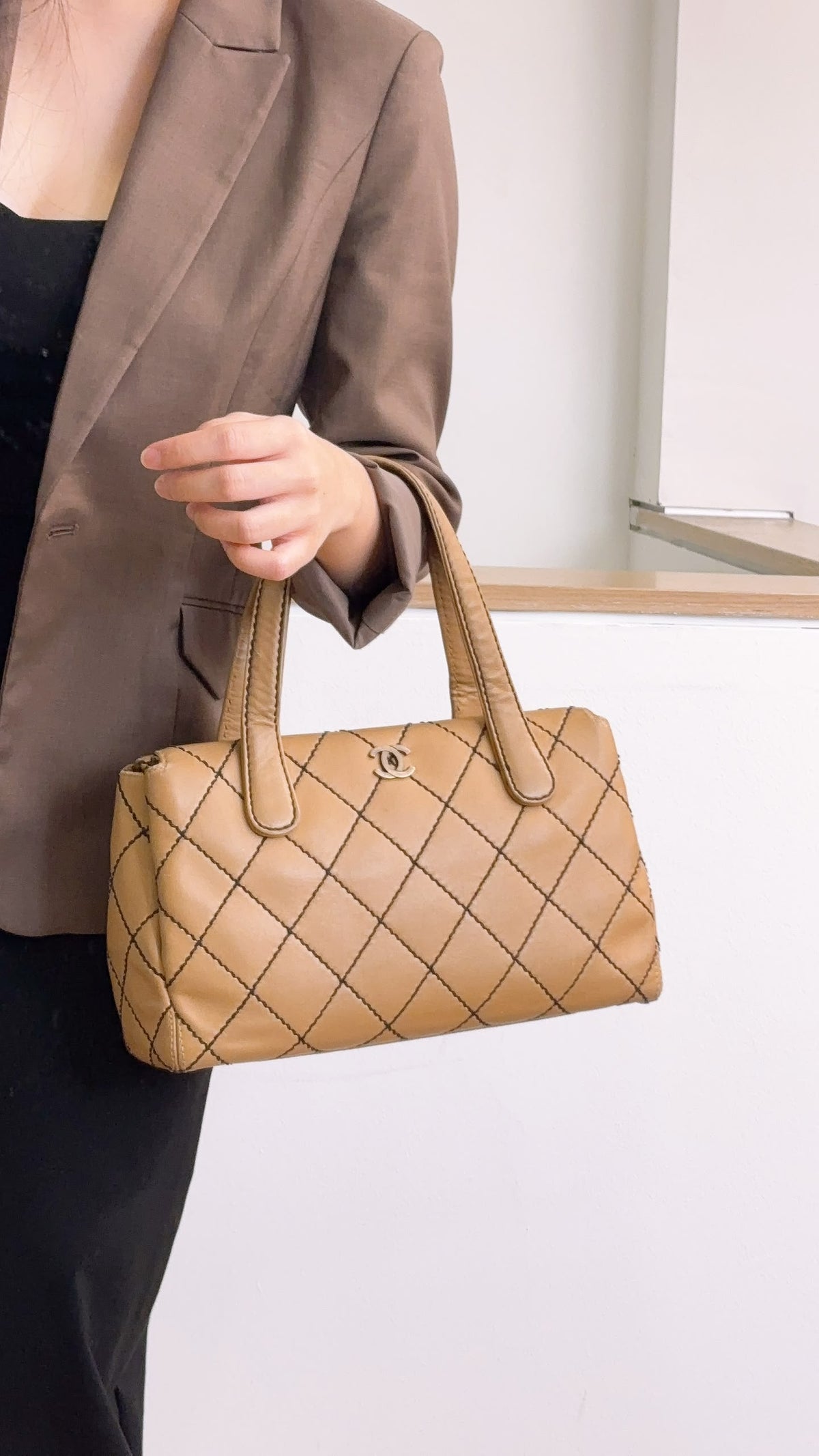 Chanel Beige Calfskin Wild Stitch Bowler Bag
