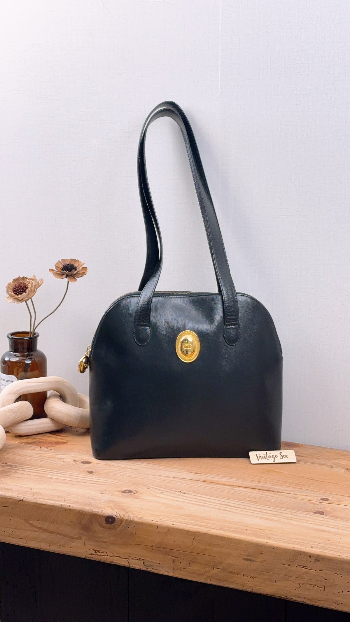 Dior Black Leather Logo Medallion Shoulder Bag