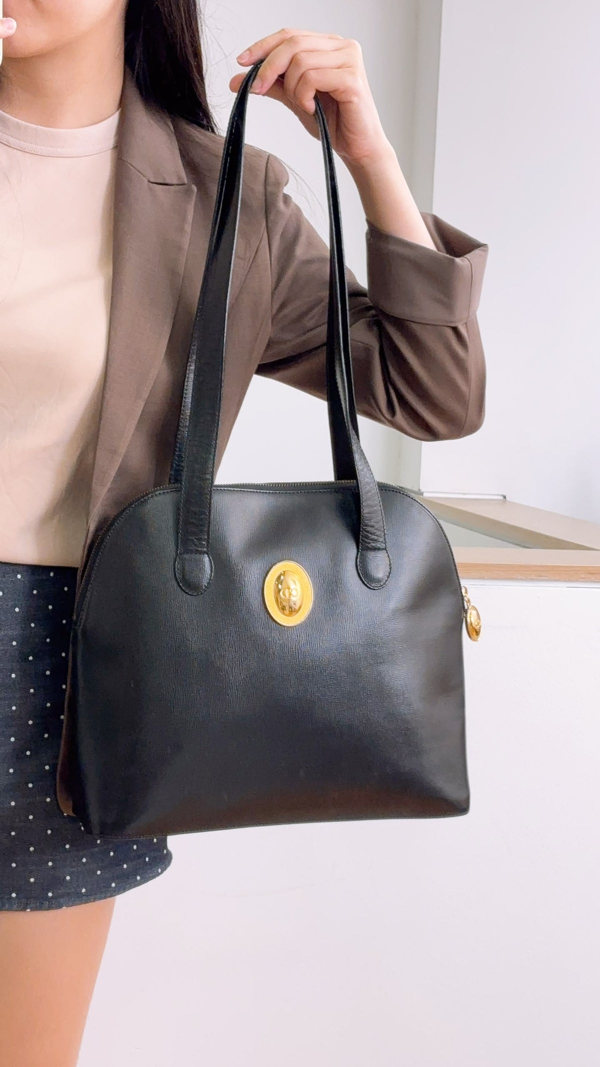 Dior Black Leather Logo Medallion Shoulder Bag