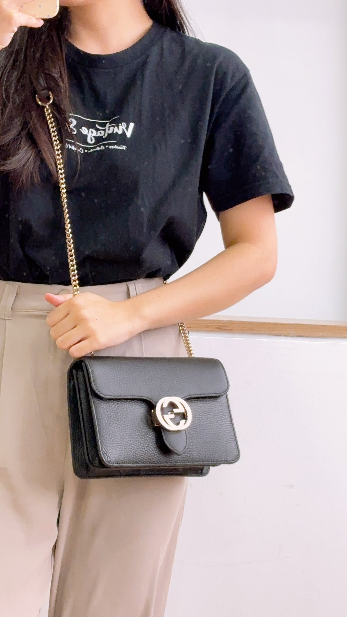 Gucci Black Calfskin GG Interlocking Shoulder Bag (LGHW)