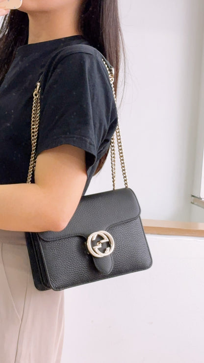 Gucci Black Calfskin GG Interlocking Shoulder Bag (LGHW)