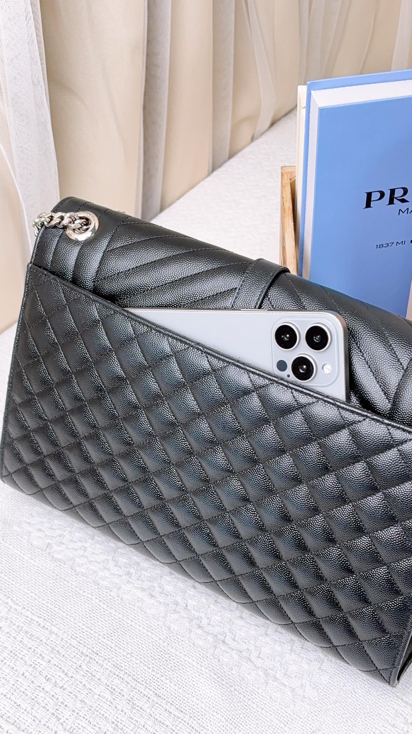 YSL Black Grain De Poudre Large Envelope Bag (SHW)