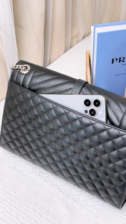 YSL Black Grain De Poudre Large Envelope Bag (SHW)