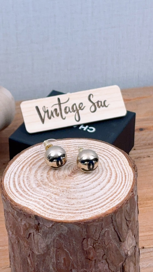 Chanel Light Gold Black Enamel Round CC Earrings