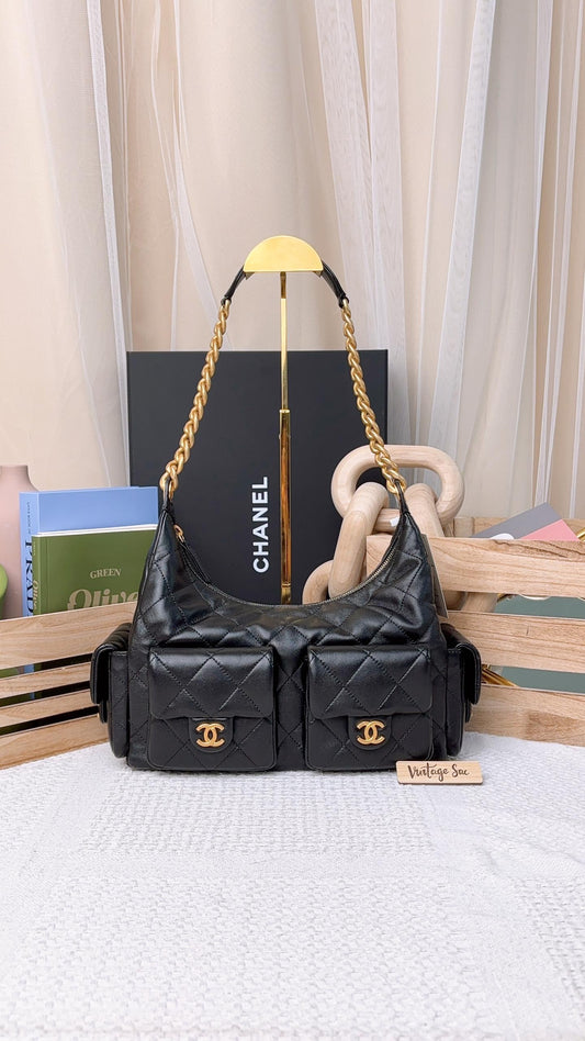 Chanel Black Shiny Lambskin 25C Trendy Pockets Large Hobo (GHW)